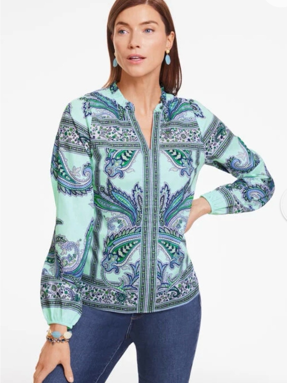 Talbots Ruffle Neck Top Blue Green Floral Paisley Sz XL Blouse